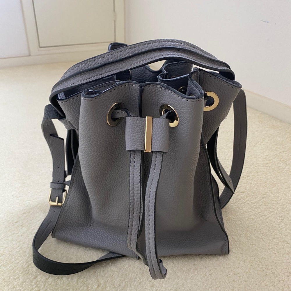 Gray leather draw string bucket bag - adjustable